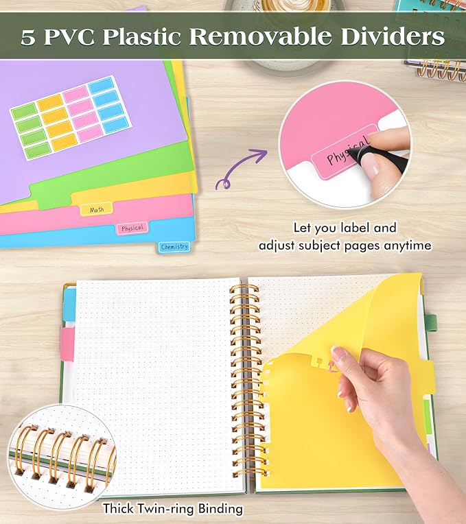 5 Subject Dotted Notebook with Removable Dividers Tabs, 300 Pages Hardcover - Image 3