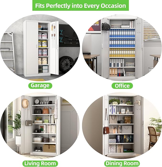 Aobabo Upgraded 71" H×34" W×18" D Metal Garage Storage Cabinet with Pegboards, Lockable Steel Cabinet with 5 Adjustable Shelves and 4 Hooks for Garage, Home, Office, White,Assembly Required-DeskLoop Office