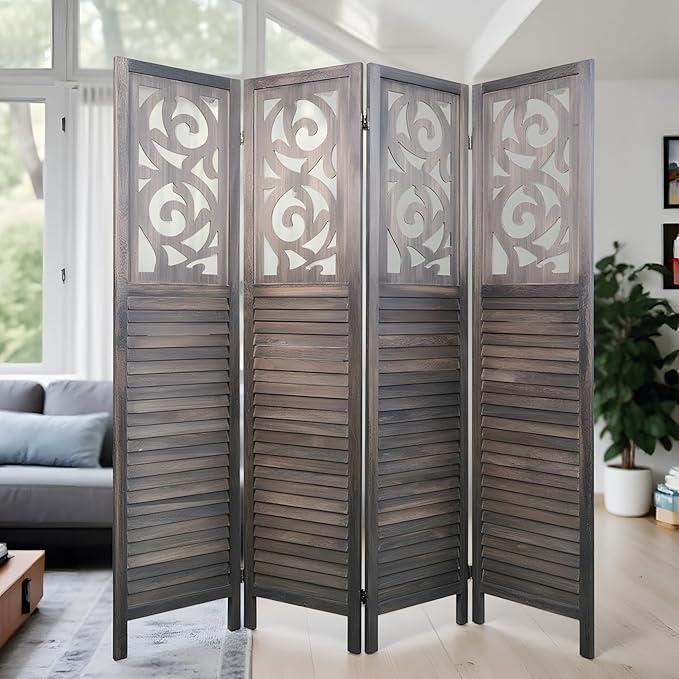 NicBex 4 Panel Room Divider,5.6FT Wood Carved Room Dividers,Folding Privacy Screens Portable Freestanding Partition Wall Dividers for Room Separation,Home Bedroom Office,Rustic Brown-DeskLoop Office