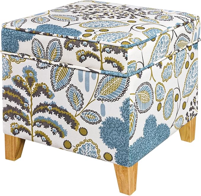 Adeco 18 Inch High Cube Ottoman Storage, Linen Chair Foot Stools, Upholstered Vanity Stool with Hinged Lid, Solid Wood Legs (Blue Leaves)-DeskLoop Office