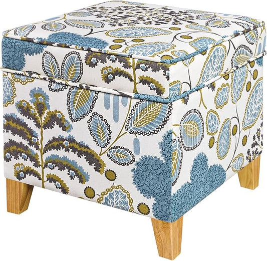 Adeco 18 Inch High Cube Ottoman Storage, Linen Chair Foot Stools, Upholstered Vanity Stool with Hinged Lid, Solid Wood Legs (Blue Leaves)-DeskLoop Office