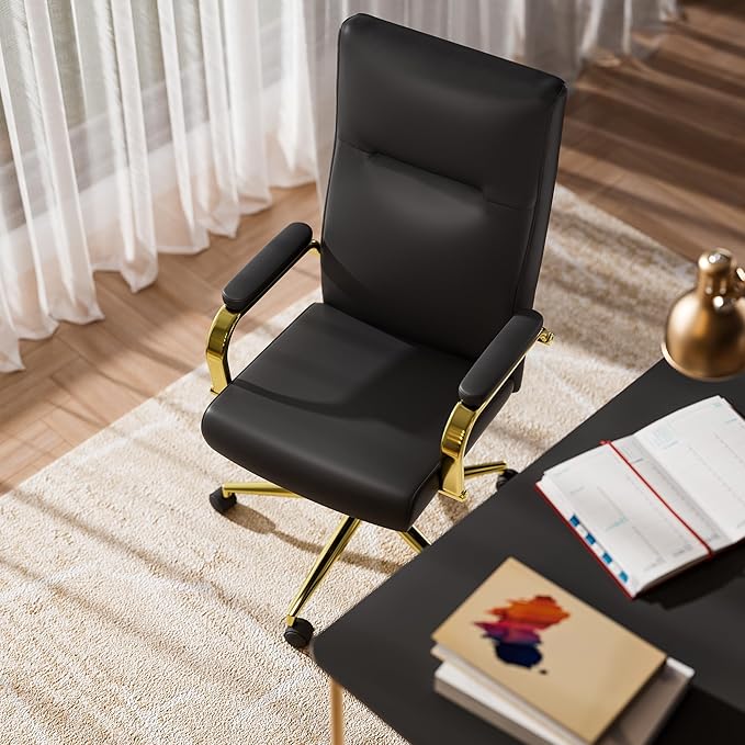 Black and Gold Office Chair Memory Foam, High Back Office Chair with Arms and Wheels, Leather Executive Computer Desk Chair with Back Support for Women Girls and Adults-DeskLoop Office