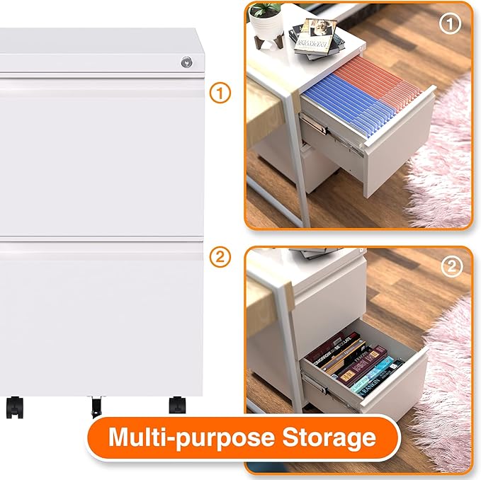 Aobabo Metal 2 Drawer Office File Cabinet with Lock, Under Desk Office Steel Files Cabinet on Wheels, 25.6''H Legal/Letter A4 Size, Fully Assembled Except Wheels,White-DeskLoop Office