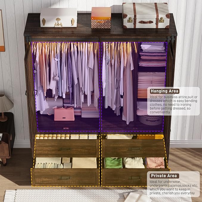 Farmhouse 4 Doors Armoire Wardrobe Closet w/Folding Sliding Barn Door and Lights, LED Armoire Closet w/Drawers for Bedroom, Freestanding Wooden Wardrobe Storage Closets w/Hanging Rod,Rustic Brown-DeskLoop Office