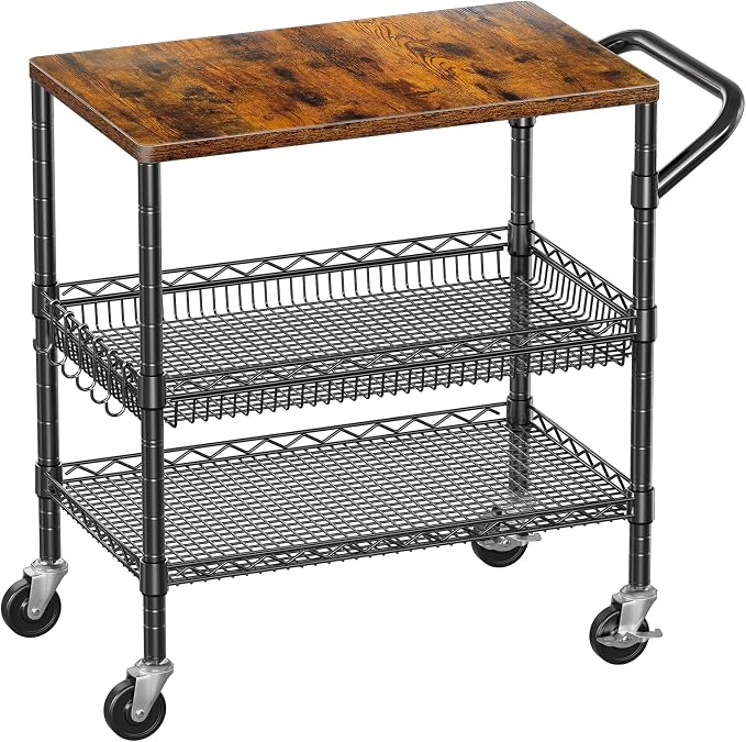 WDT 3 Tier Rolling Carts with Wheels, Heavy Duty Rolling Utility Cart with Wood by WDT