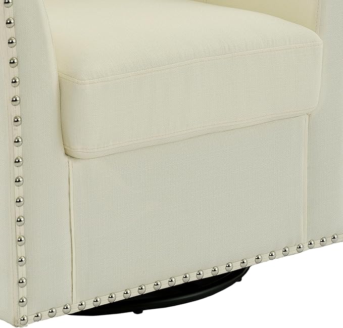 UIXE 360° Swivel Barrel Accent Chair, Modern Upholstered Arm Chair Round Club Armchair, Nailhead Trim Single Sofa Seating in Fabric for Living Room - White-DeskLoop Office
