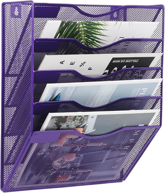 EASEPRES 5 Pocket Mesh Hanging Wall File Organizer, Wall Mounted Mail Paper Document Folder Holder, Clipboard Storage Organization Magazine Rack with Nametag Label for Office Home School, Purple-DeskLoop Office