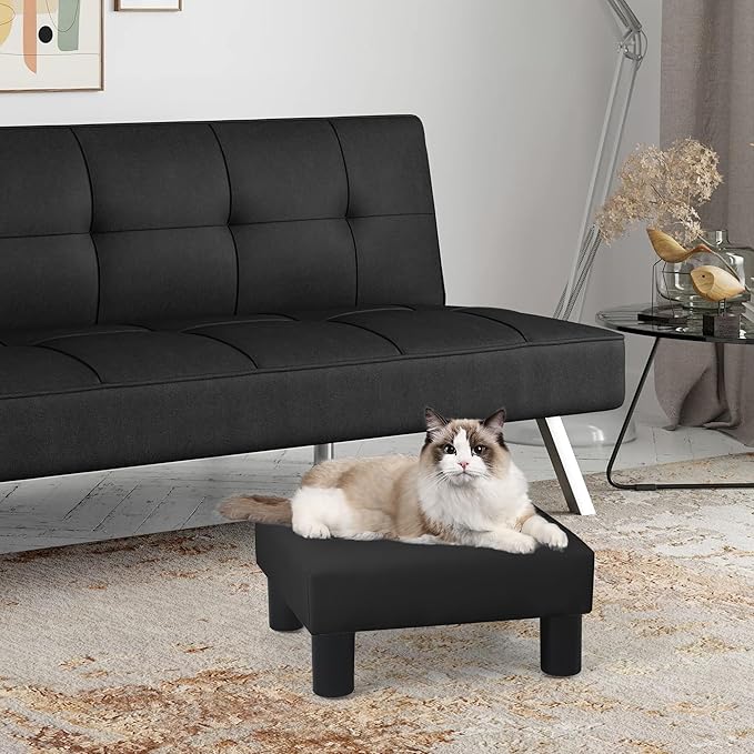 Joveco Small Footstool Ottoman, PU Leather Square Upholstered Footrest with Plastic Legs, Under Desk Foot Stools for Living Room Bedroom Office, Black-DeskLoop Office