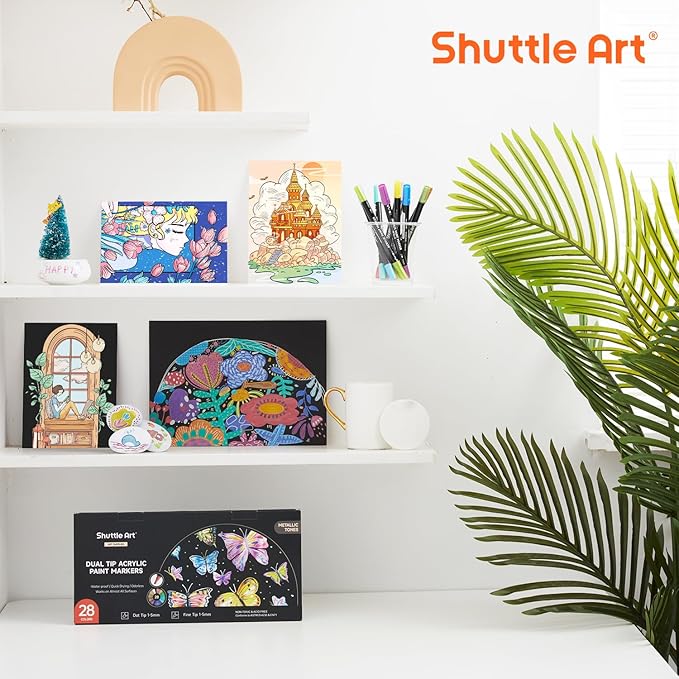 28 Metallic Colors Dual Tip Acrylic Paint Markers, Dot Tip and Fine Tip Acrylic Paint Pens for Rock Painting, Ceramic, Wood, Canvas, Plastic, Glass, Stone, Calligraphy, Card Making, DIY Crafts-DeskLoop Office