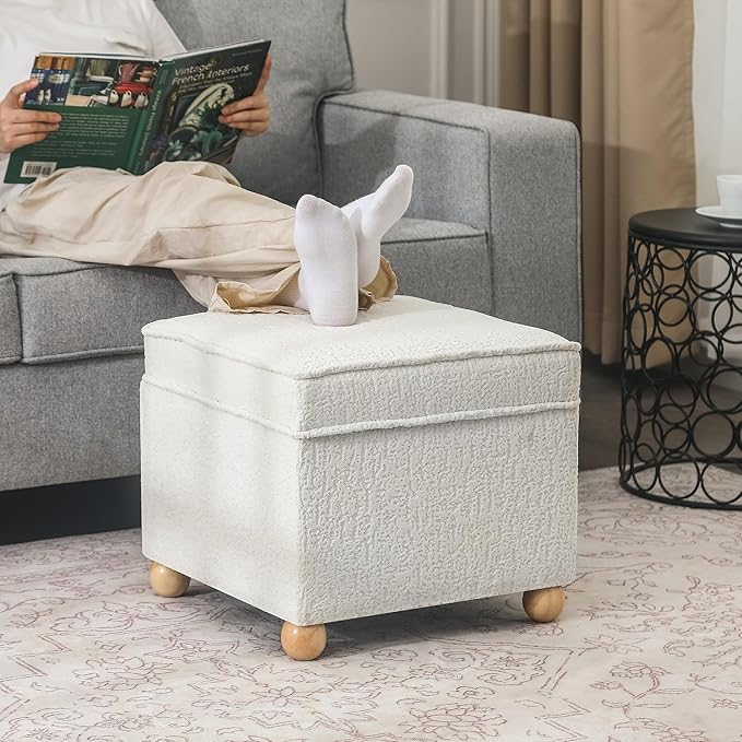 Adeco 17 Inch High Faux Fur White Cube Ottoman Storage, 3D Embossed Velvet Chair Foot Stools, Upholstered Vanity Stool with Hinged Lid, Solid Round Wood Legs-DeskLoop Office