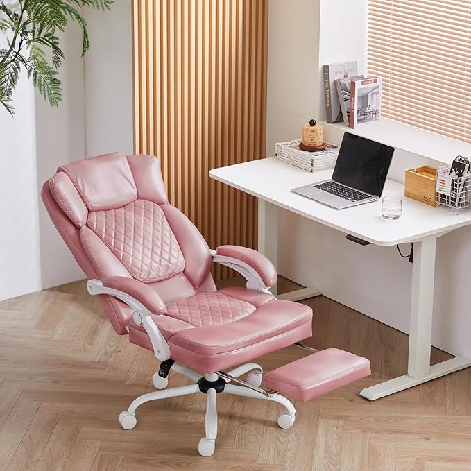 Ergonomic Office Chair with Foot Rest, Executive Chair with Footrest PU Leather Computer Chair, Big and Tall Chair Reclining Desk Chair, Thick Padded Coil Spring Seat, 400 lbs Capacity (Pink)-DeskLoop Office