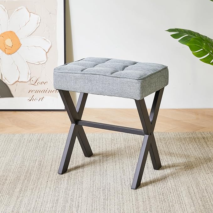 IBUYKE Square Makeup Stool with X-Leg Foot Rest, Linen Footrest, Ottoman Seat, Multi-Use as Small Side Table, for Bedroom, Living Room, Blue Gray LG-70L-DeskLoop Office