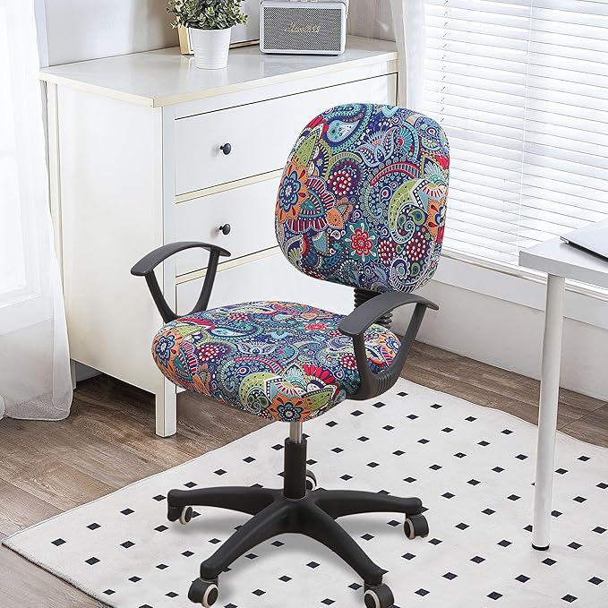 Smiry Stretch Printed Office Computer Chair Covers, Universal Washable Removable Desk Rotating Chair Slipcovers Protector, Seat + Backrest Cover - Blue Green-DeskLoop Office