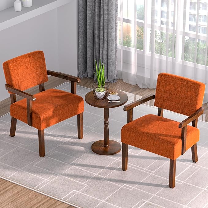 Accent Chair Set of 2 with Table, Living Room Chairs with Soft Seat and Armrests for Living Room Bedroom Reading Room Waiting Room (Orange), Linen, AC01-DeskLoop Office