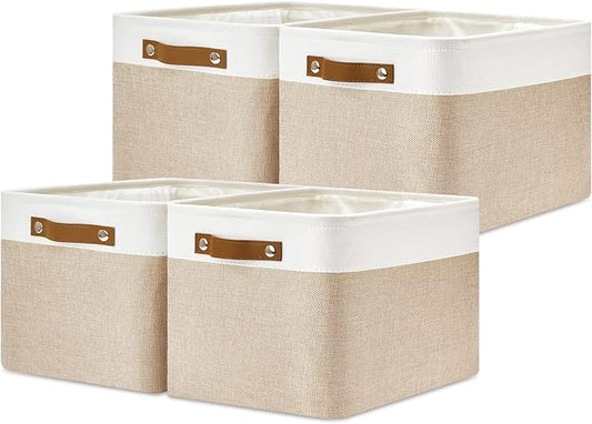 DULLEMELO Fabric Storage Bins for Laundry, Home, Foldable Storage Baskets for Shelves, Toys, Collapsible Storage Bins for Office, Closet,Bedroom(White&Khaki,15"x11"x9.5",4-Pack)-DeskLoop Office