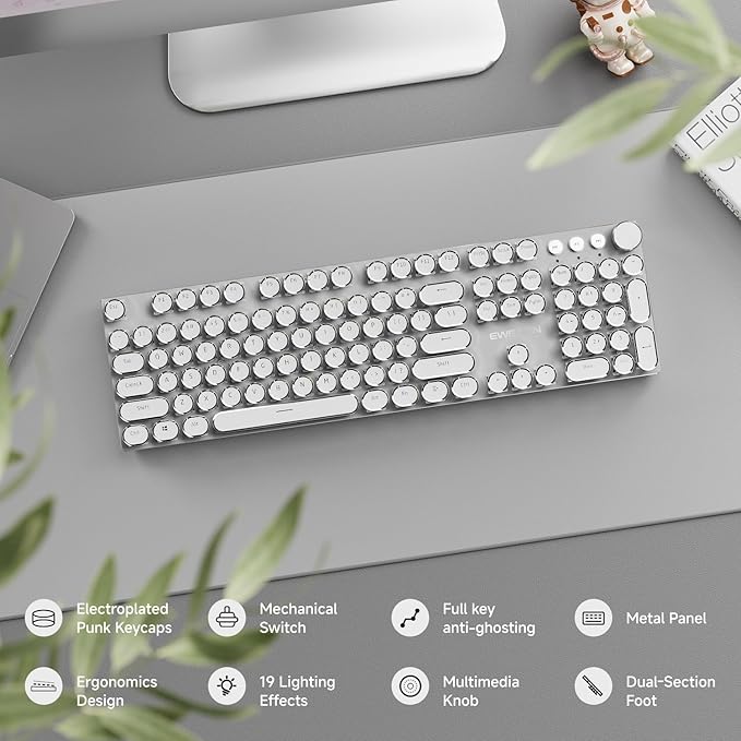 EWEADN Typewriter Style Mechanical Gaming Keyboard, Wired Mechanical Keyboards,104 Keys Backlit LED Keyboards, Media Control Knob, Wired Computer Keyboard Pink Switch for Windows/Mac/PC-White-DeskLoop Office
