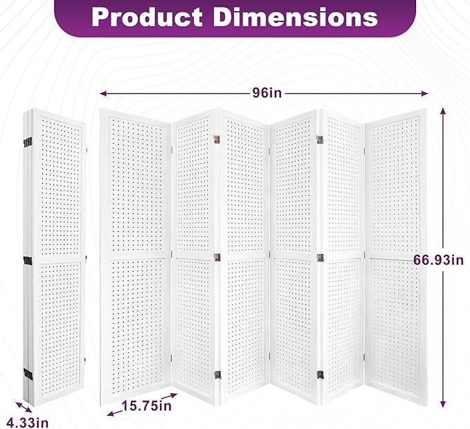 Room Divider, 5.6FT Folding Room Divider Panel, 6 Panel Pegboard Display Wood Partition Wall Divider for Room Separation& Craft Shows, White-DeskLoop Office
