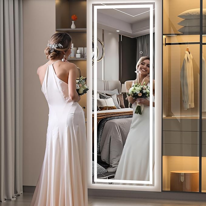 Hasipu Full Length Mirror with Lights, 65" x 21.7" LED Floor Mirror, Full Body Dressing Standing, Hanging Mounted Mirror for Living Room Bedroom Cloakroom, Square White-DeskLoop Office
