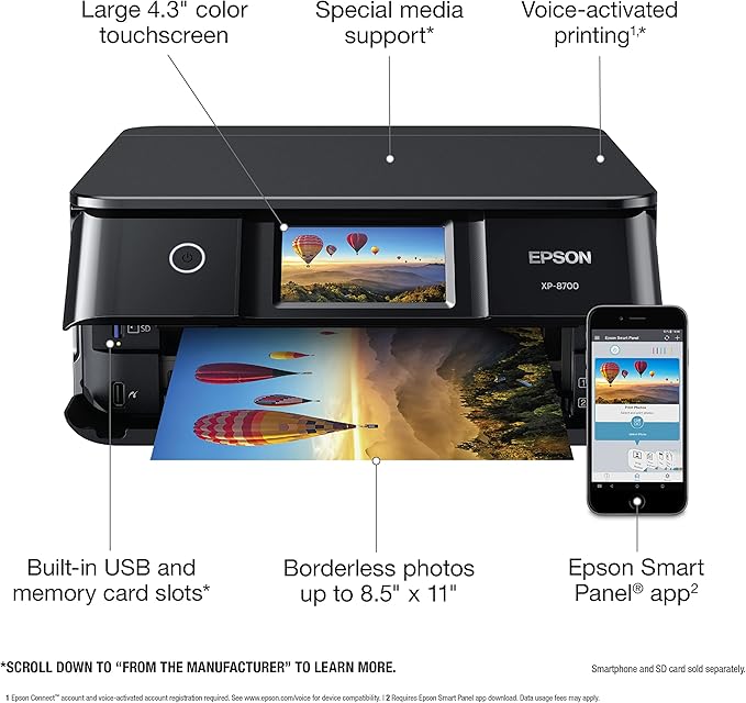 Epson Expression Photo XP-8700 Wireless All-in-One Printer with Built-in Scanner and Copier and 4.3" Color Touchscreen, Black-DeskLoop Office