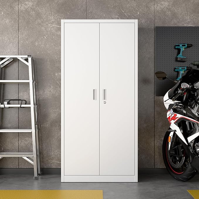 Aobabo Upgraded 71" H×34" W×18" D Metal Garage Storage Cabinet with Pegboards, Lockable Steel Cabinet with 5 Adjustable Shelves and 4 Hooks for Garage, Home, Office, White,Assembly Required-DeskLoop Office