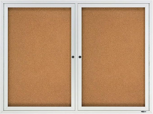 Quartet Cork Bulletin Board, 2 Glass Doors, Enclosed, 4' x 3', Outdoor Message Board, Aluminum Frame (2124)-DeskLoop Office