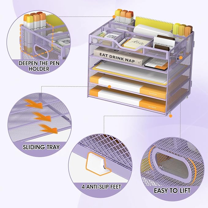 5 Tier Paper Letter Tray with 3 Drop-in Pen Holders, Mesh Desk File Organizer - Image 4