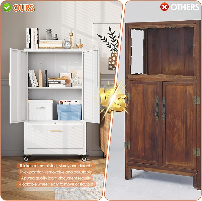 Aobabo Metal 1 Drawer Office File Cabinet with Lock and 2 Doors, Office Steel Files Cabinet with Wheels, Legal/Letter A4 Size, Assembly Required, White-DeskLoop Office