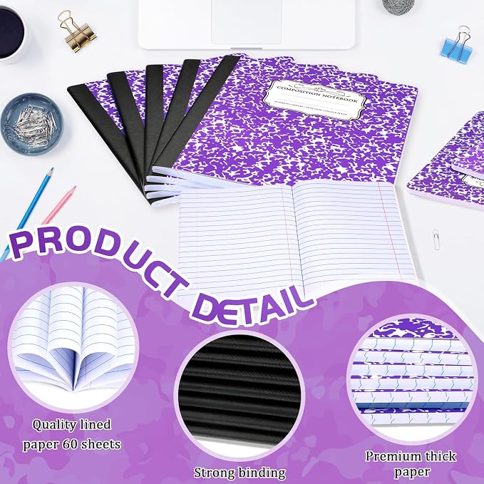 Seajan 20 Pack Composition Notebooks, Wide Ruled Paper, 7-1/2" x 9-3/4" Marble - Image 3