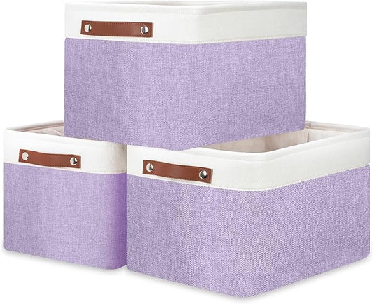 DULLEMELO Storage Baskets for Organizing, Shelves,Bedroom, Decorative Storage Bins with Leather Handles, Fabric Storage Basket for Office, Toys(3-Pack, White&Purple)-DeskLoop Office