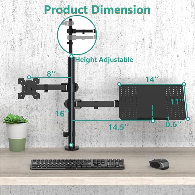 WALI Laptop and Monitor Stand, Fully Adjustable Monitor Mount and Laptop Tray for 1 Notebook up to 17 inch and 1 Screen up to 27 inch, 22 lbs, Weight Capacity (M001LP), Black-DeskLoop Office
