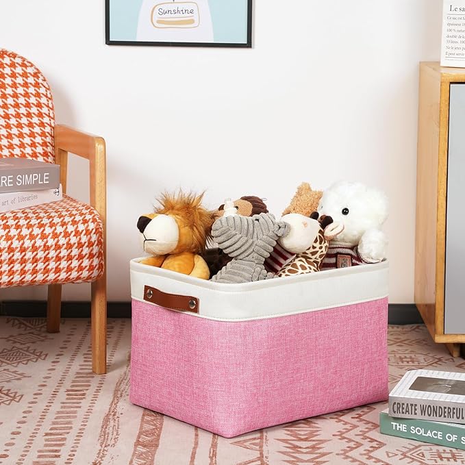DULLEMELO Storage Baskets for Organizing, Shelves,Bedroom, Decorative Storage Bins with Faux Leather Handles, Fabric Storage Basket for Office, Toys(3-Pack, White&Pink)-DeskLoop Office