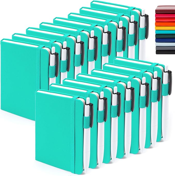 feela 15 Pack Pocket Small Notebooks Bulk, Mini Cute Memo Notepads Hardcover College Ruled Lined Journals with Pen Holder for Women Girls Office School, with 15 Black Pens, 3.5”x 5.5”, A6, Aqua-DeskLoop Office