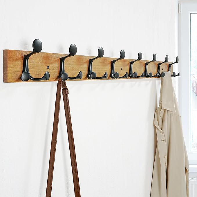 SKOLOO 43-Inch Light Brown Wood Coat Rack Wall Mount with 8 Triple Hooks - Ideal for Family Entrances, Classrooms, and Pet Supplies Storage - Perfect Coat Hooks for Wall-DeskLoop Office