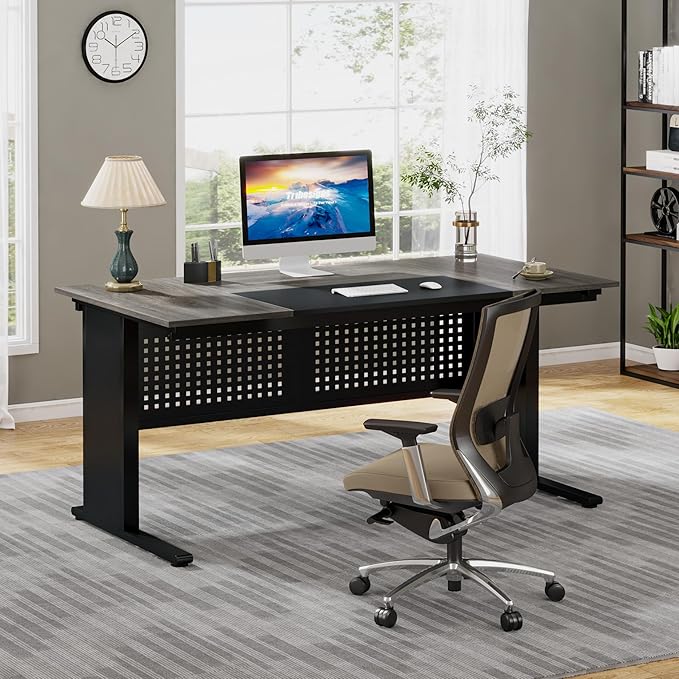 Tribesigns 63 Inch Executive Desk with File Cabinet, Large Office Desk L Shaped Computer Desk with Drawers and Storage Shelves, Business Furniture Desk Workstation for Home Office, Gray and Black-DeskLoop Office