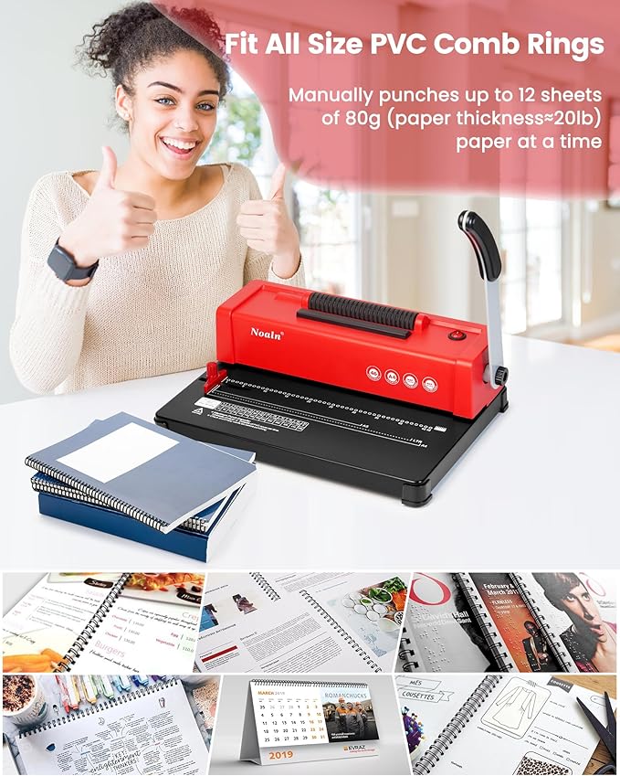 46-Hole Binding Machine Spiral Coil Binder Classic Red,DIY Book Binder Kits with Electric Coil Inserter,100pcs Comb Binding Spines,for Letter Size/A4/A5 School Office Home-DeskLoop Office