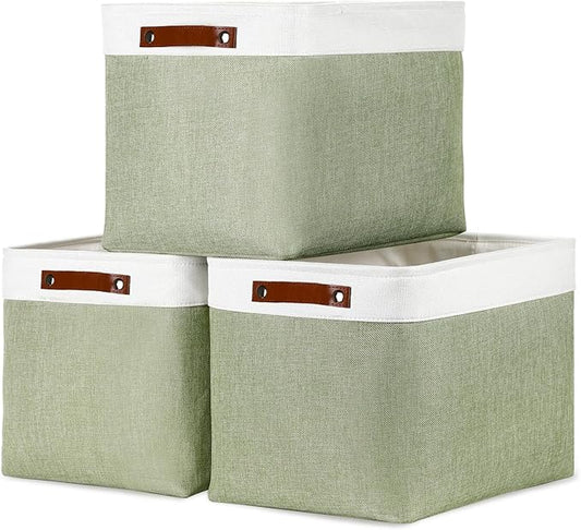 DULLEMELO 16 inch Fabric Storage Basket, Decorative Storage Boxes with Leather Handle for Closet Shelf Nursery, Collapsible Linen Storage Bins for Organizing Toys Book Towel Organizers(White&Green)-DeskLoop Office