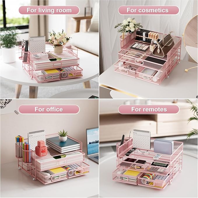 Marbrasse 3 Tier Mesh Desk Organizer with Drawer, Multi-Functional Desk Organizers and Accessories, Paper Letter Organizer with 2 Pen Holder for Home Office Supplies (Pink)-DeskLoop Office