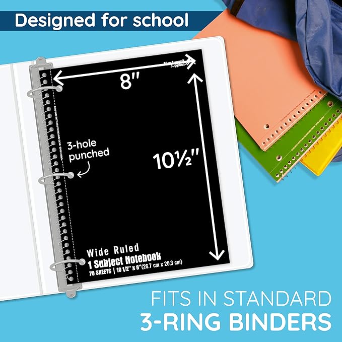 Blue Summit Black Wide Ruled Spiral Notebooks Bulk, 1 Subject Spiral Notebook Wide Ruled, Paper School Bulk Notebooks, 48 Pack-DeskLoop Office