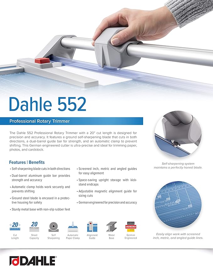 Dahle 552 Professional Rotary Trimmer, 20" Cut Length, 20 Sheet Capacity, Self-Sharpening, Dual Guide Bar, Automatic Clamp, German Engineered Paper Cutter-DeskLoop Office