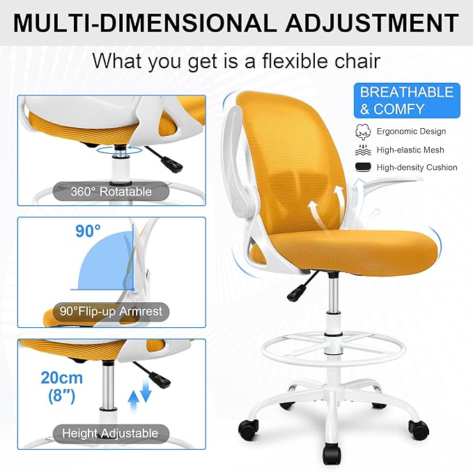 Primy Drafting Chair Tall Office Chair with Flip-up Armrests Executive Ergonomic Computer Standing Desk Chair with Lumbar Support and Adjustable Footrest Ring (Mustard)-DeskLoop Office