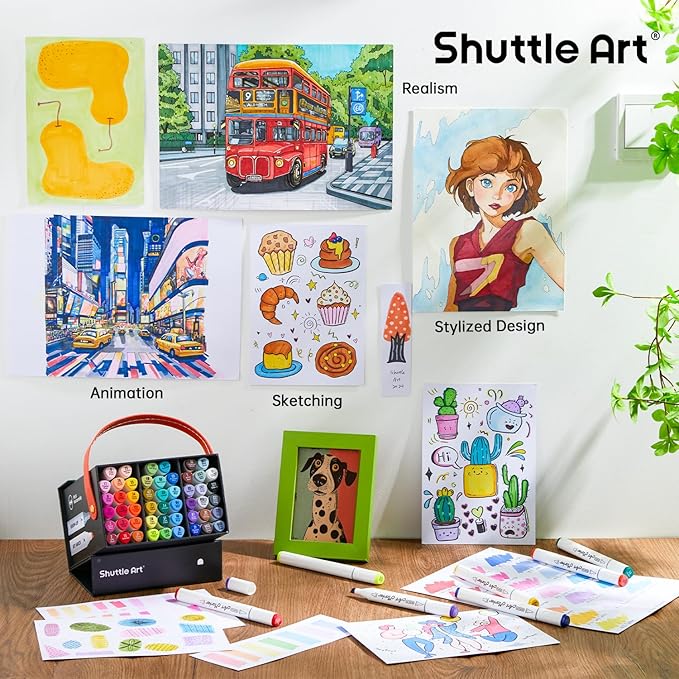Shuttle Art Alcohol Markers Brush tip, Dual Tip Brush & Chisel Tip Art Marker Set, 50 Colors plus 1 Blender Permanent Marker Pens with Case Perfect for Illustration Students Adults Coloring-DeskLoop Office