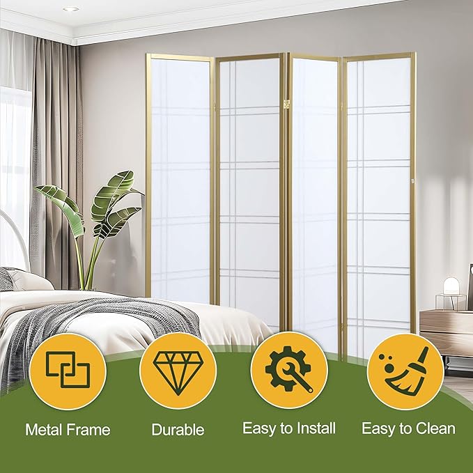 NicBex Room Divider 4 Panel Room Dividers with Paper-Looking Partition Room Dividers and Folding Privacy Screens Wall Divider for Home, Office, Room Separation,72" W x 1" D x 70" H, White+Gold-DeskLoop Office