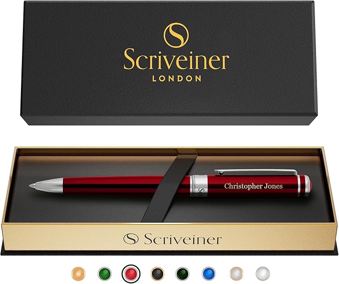 Scriveiner Personalized Deep Crimson Red Pen - Stunning Red Lacquer Luxury Pen with Chrome Finish, Schmidt Ink Refill, Best Engraved Ball Point Gift Set for Men & Women, Custom Name Engraving-DeskLoop Office