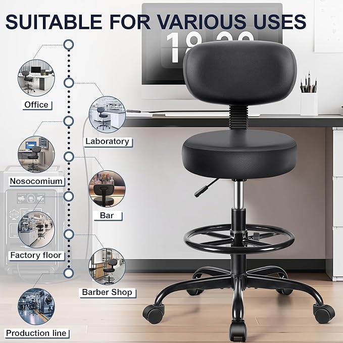 Drafting Chair with Backrest – Adjustable Foot Rest Rolling Stool with Wheels, PU Leather Swivel Stool for Office Spa Studio Lab Counter Salon Home Work Bar Kitchen Shop(Black)-DeskLoop Office
