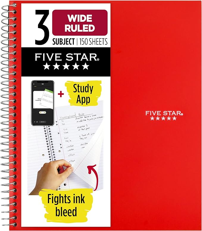 Five Star Spiral Notebook + Study App, 3 Subject, Wide Ruled Paper, 10-1/2" x 8" by FiveStar