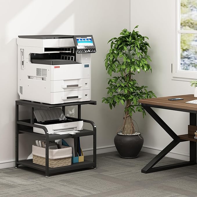 25.6" x 23.6" Extra Large Printer Stand Table with Adjustable Storage Shelf, 3 Tier Rolling Printer Cart with Industrial Wheels for Home Office, Black-DeskLoop Office