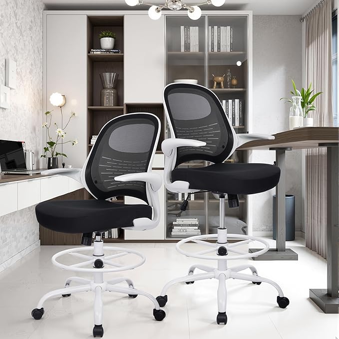HYLONE Tall Drafting Chair Standing Desk Chair with Flip-Up Armrests, Adjustable Height Ergonomic Office Chair with Footrest Ring - High Stool Chair for Standing Desk (Black Mesh&White Base)-DeskLoop Office