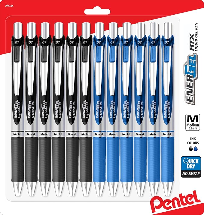 Pentel Energel 0.7 mm Rtx Retractable, 6 Black & 6 Blue Ink Pens Metal Tip by PentelofAmerica