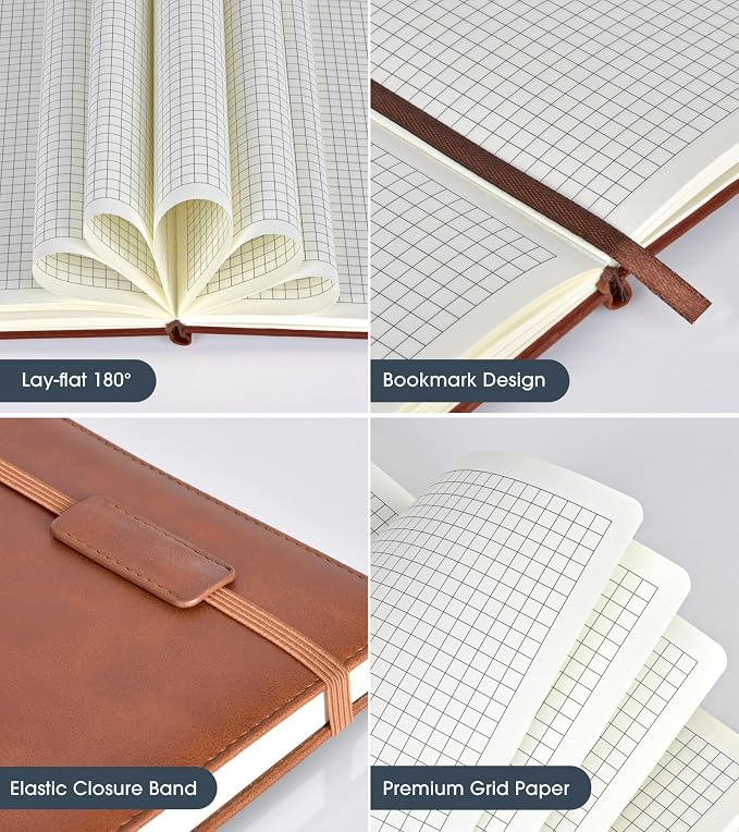 Biuwory A5 Hardcover Graph Paper Notebook, Grid Leather Journal - Image 4