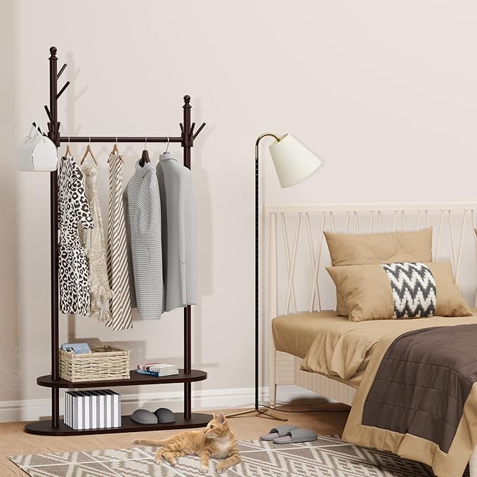 2-Tier Coat Rack Freestanding, Easy Assemble 8 Hooks Wooden Coat Rack with Shoe Storage Sturdy Coat Tree Save Space, Rustic Coat Stand for Entryway, Bedroom, Office (Dark Brown)-DeskLoop Office